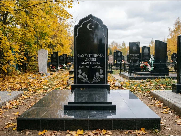 Мусульманский памятник: стела с михраб-навершием в форме арки — гравировка минарета с полумесяцем, гранитный цоколь с тёмной плиткой, работа «Фахрутдинова» в Нижнем Новгороде