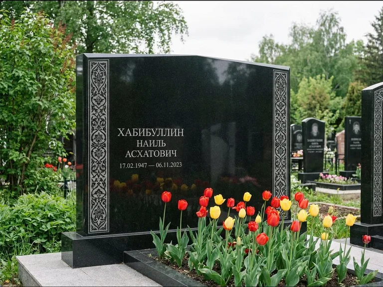 Мусульманский памятник: широкая двойная семейная стела — золочёная гравировка мечети, цветник с тюльпанами, работа «Хабибуллин» в Нижнем Новгороде