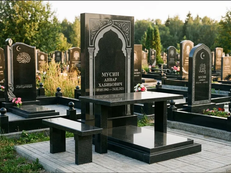 Мусульманский памятник: стела с гранитным столиком и скамьёй — гравировка мечети под полумесяцем и звёздами, семейный участок с плиткой, работа «Гимаев» в Нижнем Новгороде