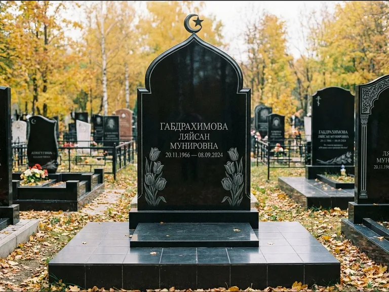 Мусульманский памятник: массивная стела с михраб-навершием — белая гравировка силуэта мечети с минаретами, цоколь тёмной плиткой, работа «Магомедова» в Нижнем Новгороде