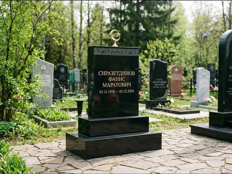 Мусульманский памятник: ступенчатая трёхуровневая стела — золочёная гравировка мечети, дорожка из природного плитняка, работа «Мустафин» в Нижнем Новгороде
