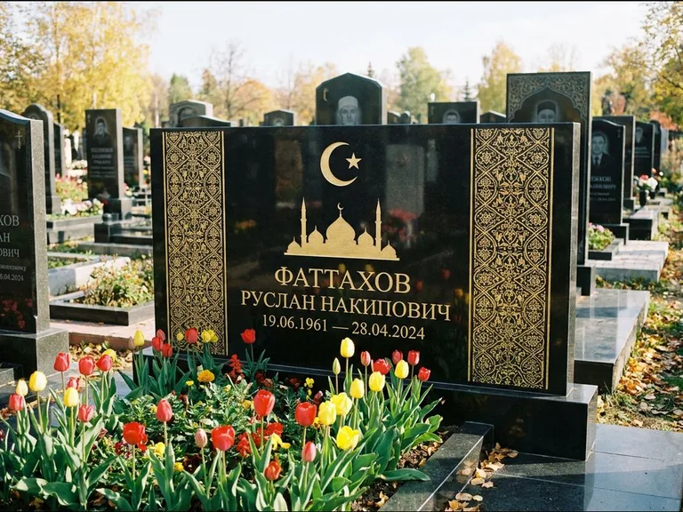 Мусульманский памятник: широкая панорамная стела с золочёным орнаментом — гравировка минарета с полумесяцем, цветник с тюльпанами, работа «Сулейманов» в Нижнем Новгороде