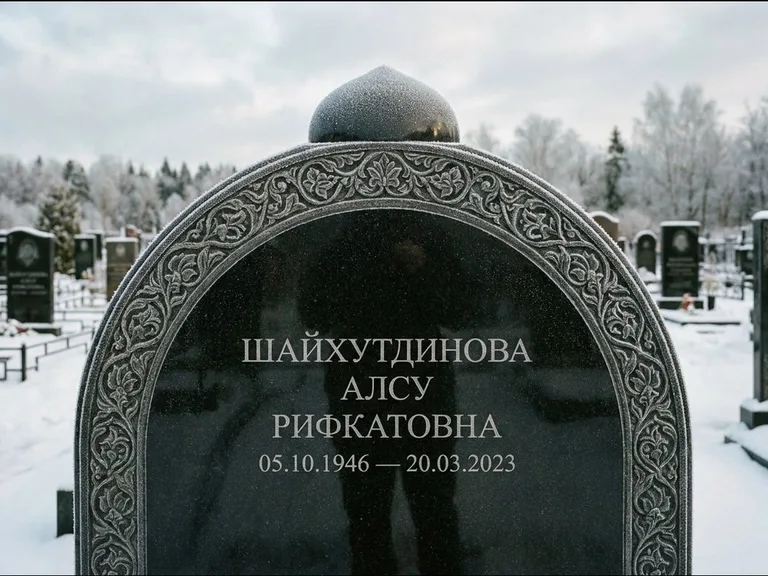 Мусульманский памятник: полукруглая стела с купольным навершием — гравировка мечети под полумесяцем и звёздами, заснеженный зимний участок, работа «Ганиева» в Нижнем Новгороде