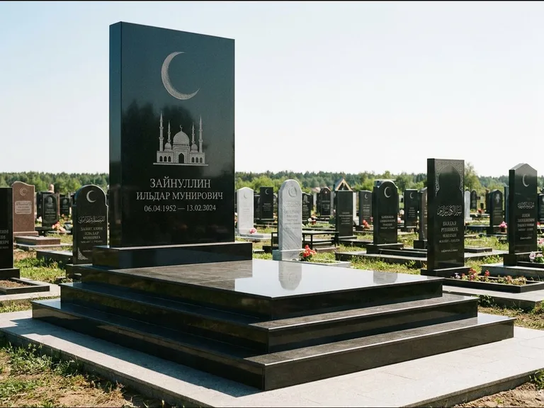 Мусульманский памятник: массивная стела на ступенчатом постаменте — гравировка мечети под полумесяцем и звёздами, гранитная площадка без ограды, работа «Хабибуллин» в Нижнем Новгороде