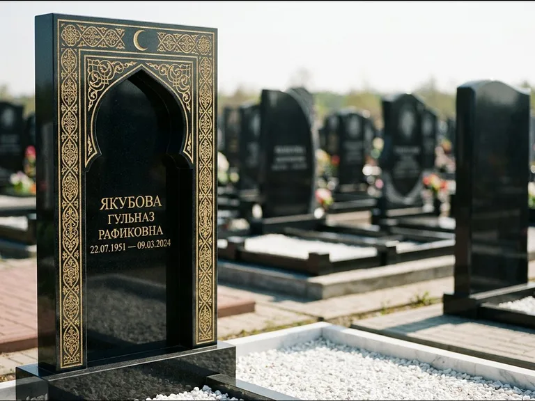 Мусульманский памятник: стела в форме михраба с глубокой нишей и золочёным орнаментом — детализированная гравировка мечети Кул-Шариф, участок с белой мраморной крошкой, работа «Мустафин» в Нижнем Новгороде
