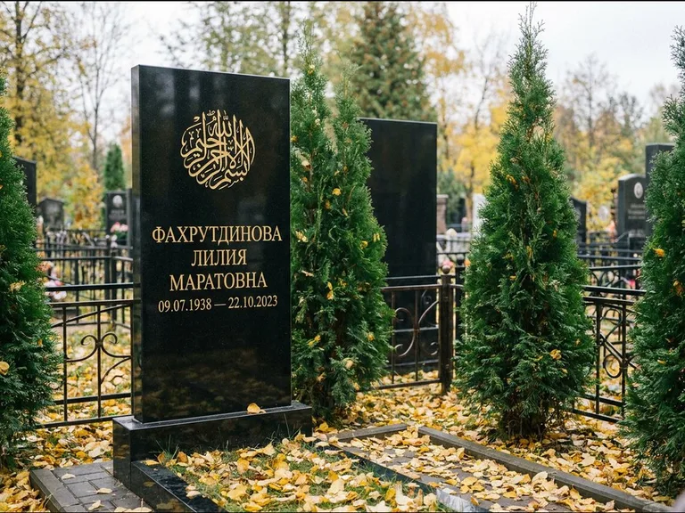 Мусульманский памятник — шахада в верхней части стелы, работа «Фахрутдинова» в Нижнем Новгороде