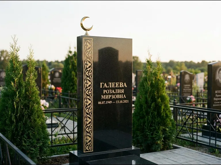 Памятник с гравировкой полумесяца — золочёный полумесяц и колонна растительного орнамента-ислими, работа «Галеева» в Нижнем Новгороде