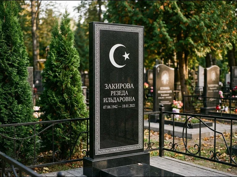 Памятник с гравировкой полумесяца — строгая белая гравировка полумесяца со звездой и орнаменталь, работа «Закирова» в Нижнем Новгороде