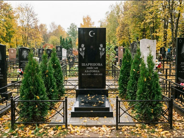Памятник с гравировкой полумесяца — гравировка полумесяца со звездой и тюльпанами по бокам, работа «Шарипова» в Нижнем Новгороде