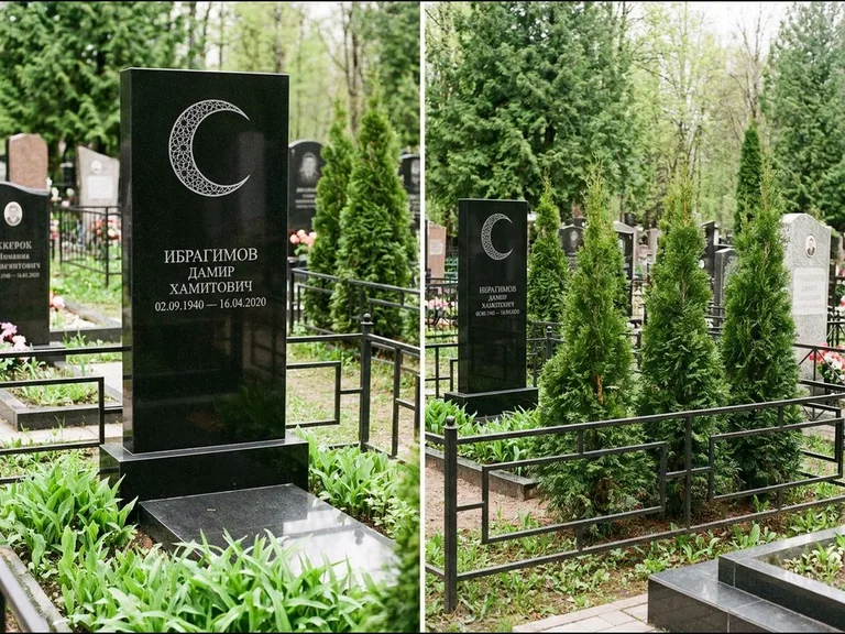 Памятник с гравировкой полумесяца — гравировка полумесяца в геометрическом орнаменте-гирихе, работа «Ибрагимов» в Нижнем Новгороде