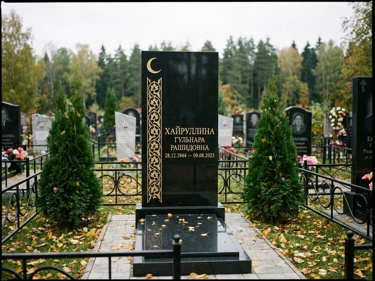 Памятник с гравировкой полумесяца — золочёный полумесяц и колонна растительного орнамента-ислими, работа «Хайруллина» в Нижнем Новгороде