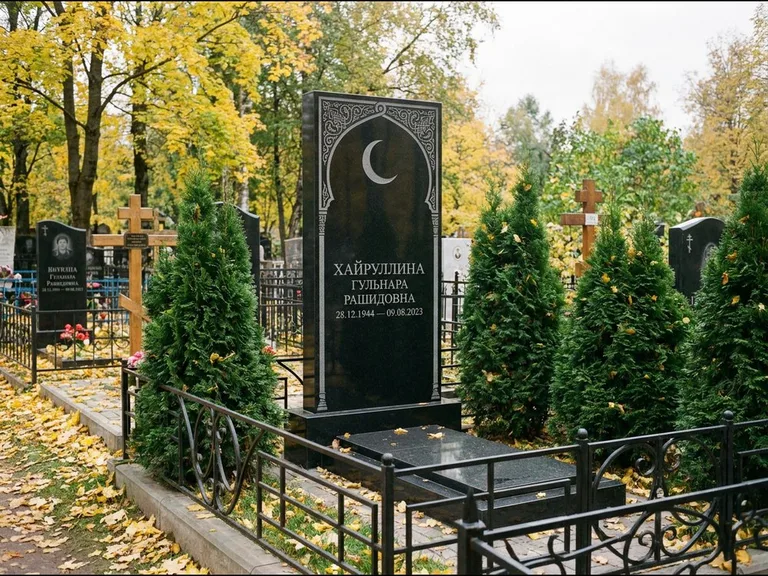 Памятник с гравировкой полумесяца — гравировка полумесяца в восточной арке с орнаментом, работа «Хайруллина» в Нижнем Новгороде