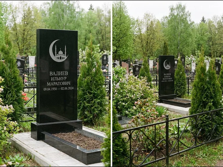 Памятник с гравировкой полумесяца — гравировка полумесяца над силуэтом мечети, работа «Валиев» в Нижнем Новгороде