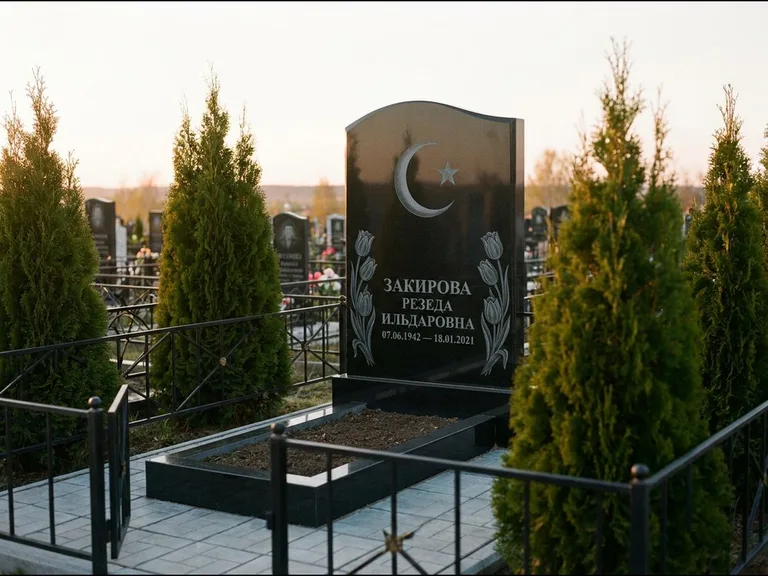 Памятник с гравировкой полумесяца — гравировка полумесяца со звездой и тюльпанами по бокам, работа «Закирова» в Нижнем Новгороде