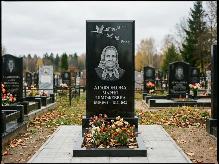 Гравировка журавлей на памятник в Нижнем Новгороде — памятник из чёрного гранита с гравировкой