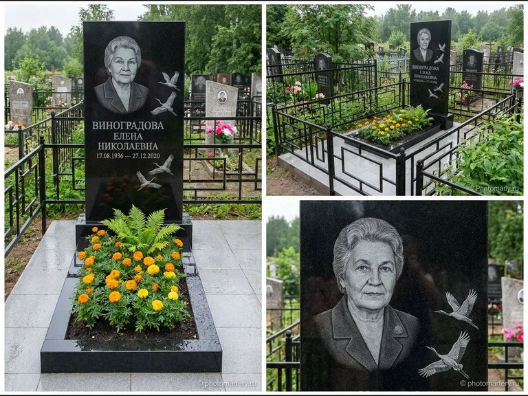 Памятник с гравировкой журавлей — гравировка трёх журавлей по диагонали через свободное поле с, работа «Виноградова» в Нижнем Новгороде