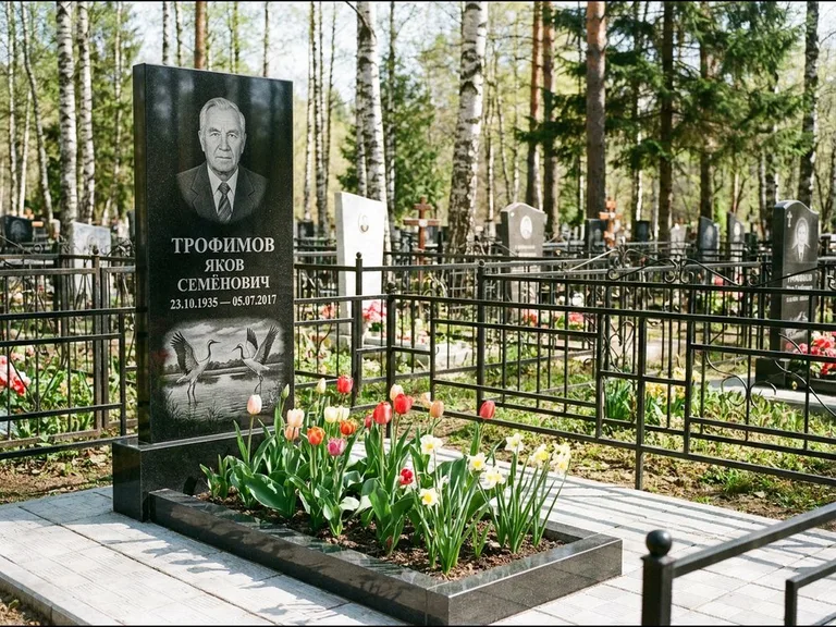 Памятник с гравировкой журавлей — гравировка пары журавлей над гладью озера в нижней части, работа «Трофимов» в Нижнем Новгороде