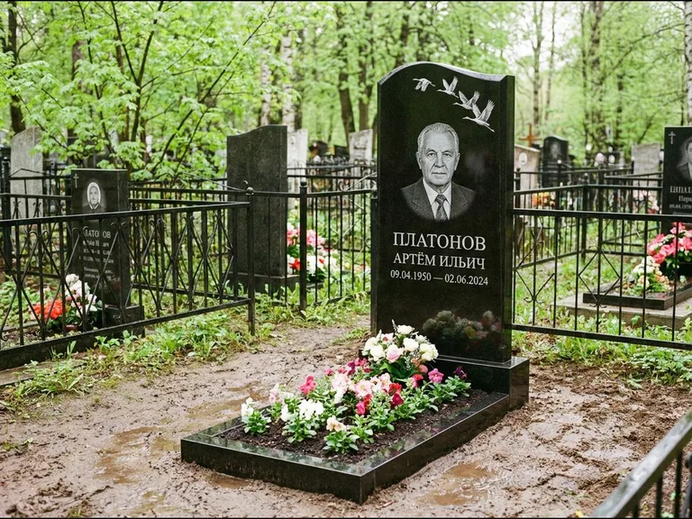 Памятник с гравировкой журавлей — белая гравировка клина журавлей, уходящего в верхний угол ст, работа «Платонов» в Нижнем Новгороде