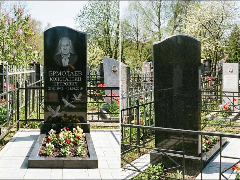 Памятник с гравировкой журавлей — гравировка трёх журавлей по диагонали через свободное поле с, работа «Ермолаев» в Нижнем Новгороде