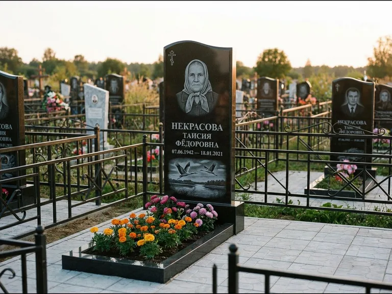 Памятник с гравировкой журавлей — гравировка пары журавлей над гладью озера в нижней части, работа «Некрасова» в Нижнем Новгороде