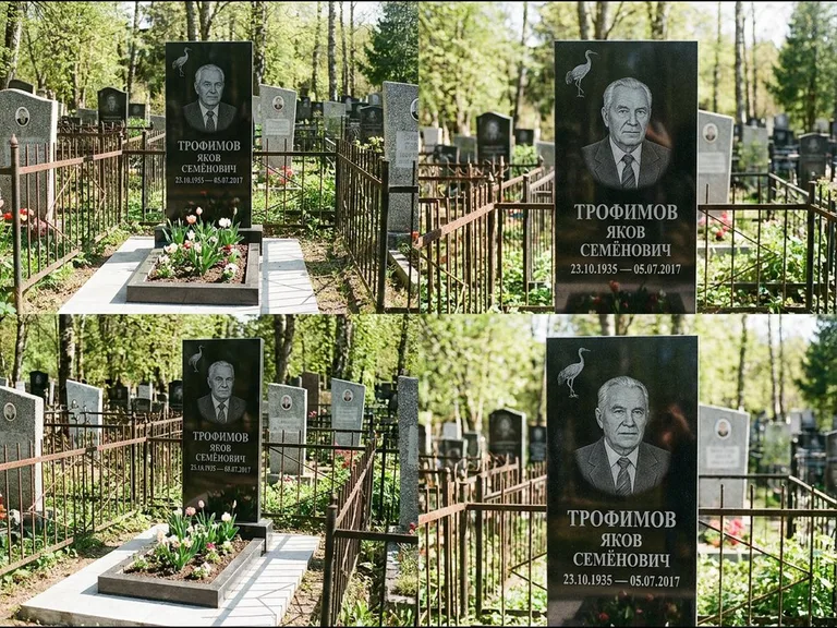 Памятник с гравировкой журавлей — гравировка одиночного летящего журавля над портретом, работа «Трофимов» в Нижнем Новгороде