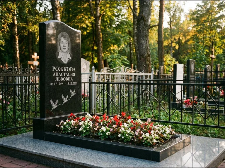 Памятник с гравировкой журавлей — гравировка трёх журавлей по диагонали через свободное поле с, работа «Рожкова» в Нижнем Новгороде
