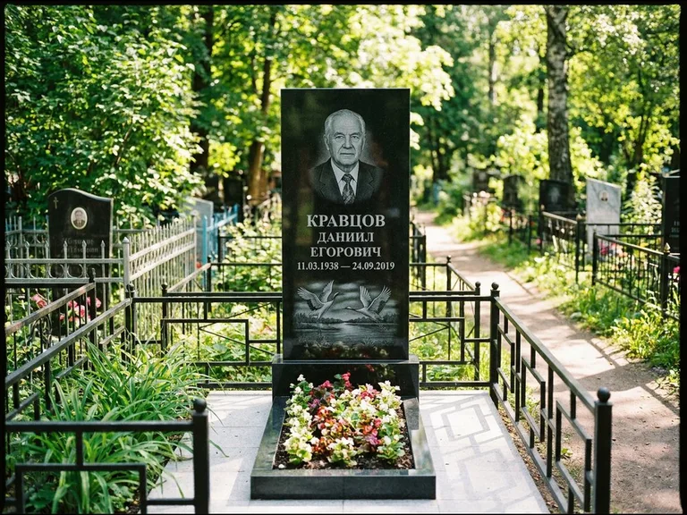 Памятник с гравировкой журавлей — гравировка пары журавлей над гладью озера в нижней части, работа «Кравцов» в Нижнем Новгороде