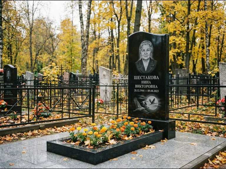 Памятник с гравировкой журавлей — гравировка клина журавлей на фоне солнечного диска, работа «Шестакова» в Нижнем Новгороде
