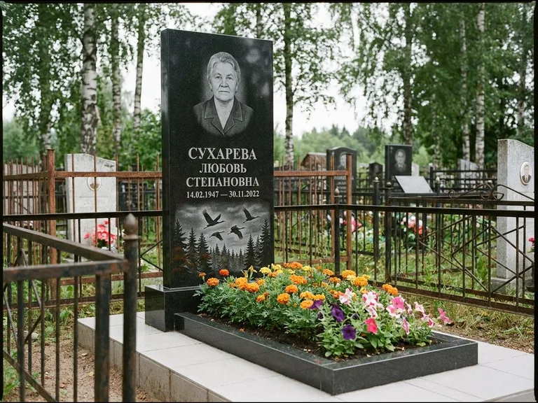 Памятник с гравировкой журавлей — гравировка силуэтов журавлей над еловым лесом, работа «Сухарева» в Нижнем Новгороде