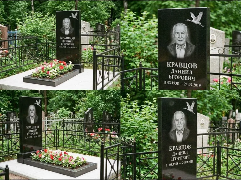 Памятник с гравировкой журавлей — белая гравировка клина журавлей, уходящего в верхний угол ст, работа «Кравцов» в Нижнем Новгороде