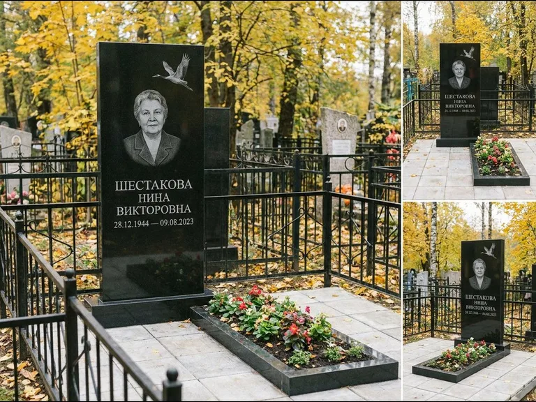 Памятник с гравировкой журавлей — гравировка одиночного летящего журавля над портретом, работа «Шестакова» в Нижнем Новгороде