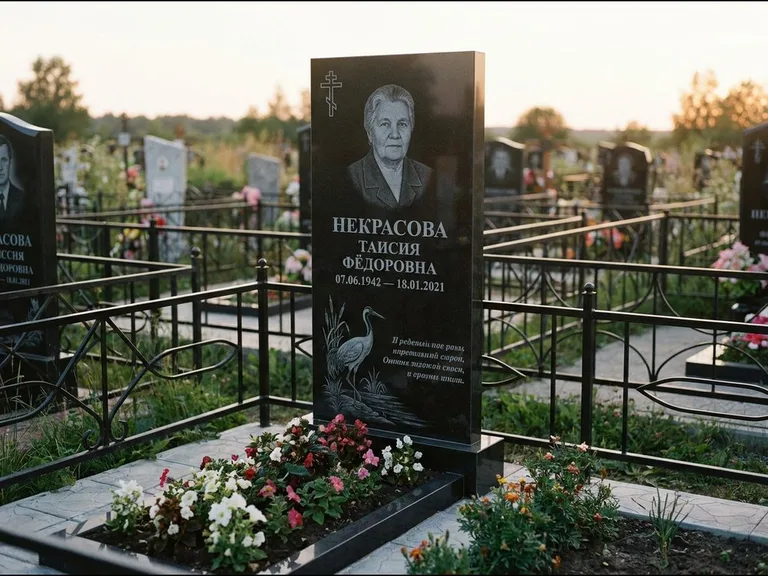 Памятник с гравировкой журавлей — гравировка журавля у камышей рядом с эпитафией, работа «Некрасова» в Нижнем Новгороде