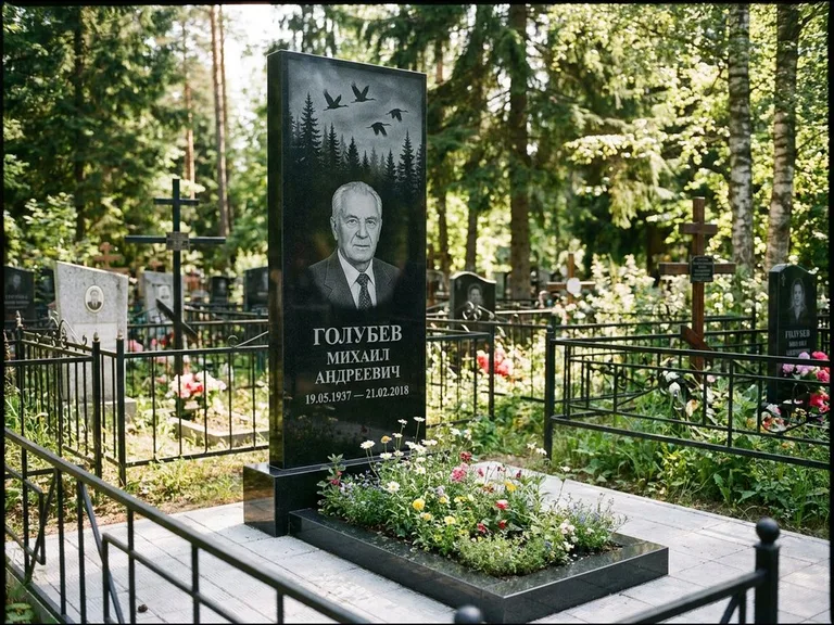 Памятник с гравировкой журавлей — гравировка силуэтов журавлей над еловым лесом, работа «Голубев» в Нижнем Новгороде