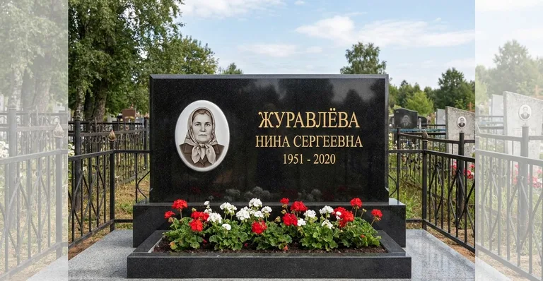 Мраморный памятник, Готовый гранитный памятник, установленный мастерской «Мастер Каменев» на Лесном кладбище в Самаре