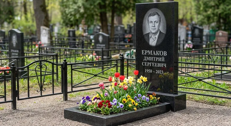 Памятник с цветником, Пример гранитного памятника работы мастерской «Мастер Каменев» на кладбище Красная Этна
