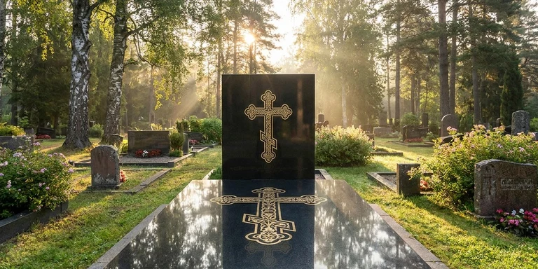 Гравировка креста на памятнике в Нижнем Новгороде — православный восьмиконечный крест на граните