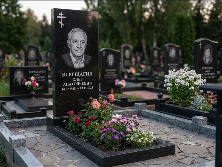 Памятник из чёрного гранита — горизонтальная плита-стела с православным восьмиконечным крестом, работа «Тихонов» в Нижнем Новгороде