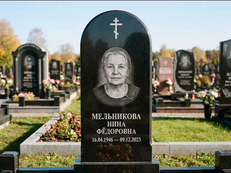 Памятник из чёрного гранита — стела с резным навершием с латинским крестом, работа «Савельева» в Нижнем Новгороде