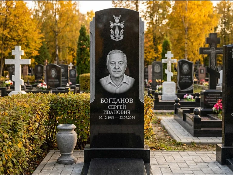 Памятник из чёрного гранита — круглая стела-медальон с армянским хачкаром, работа «Ковалёв» в Нижнем Новгороде