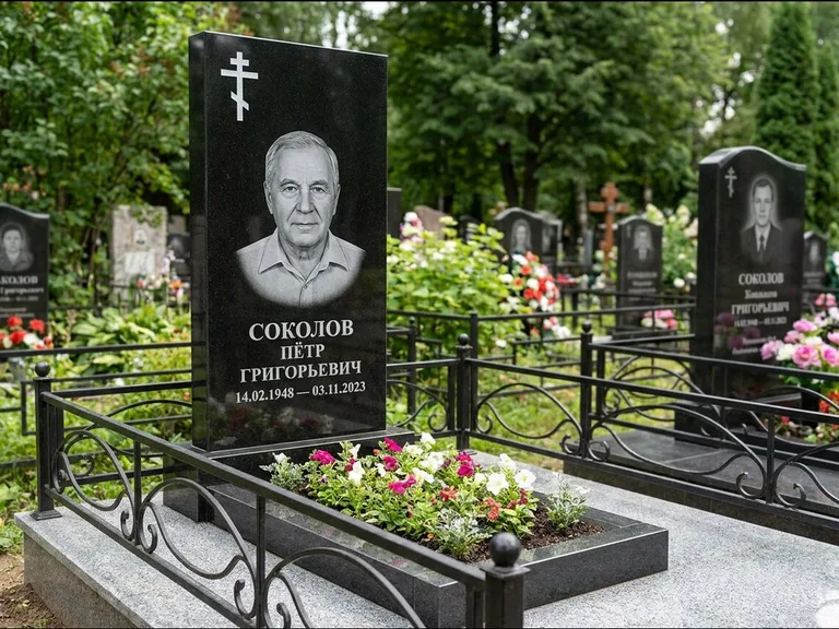 Памятник из чёрного гранита — стела с арочным верхом с православным восьмиконечным крестом, работа «Ковалёв» в Нижнем Новгороде