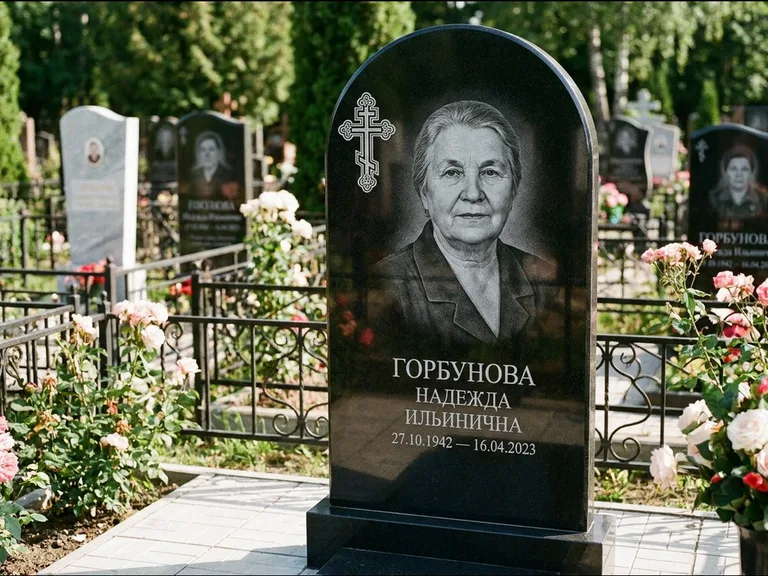 Памятник из чёрного гранита — стела с боковой колонной с крестом в лучах, работа «Мельникова» в Нижнем Новгороде