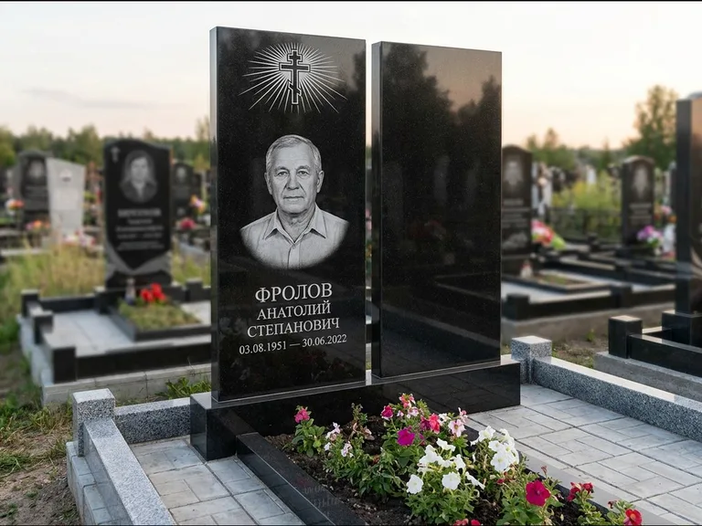 Памятник из чёрного гранита — стела на ступенчатом постаменте с золочёным крестом, работа «Богданов» в Нижнем Новгороде