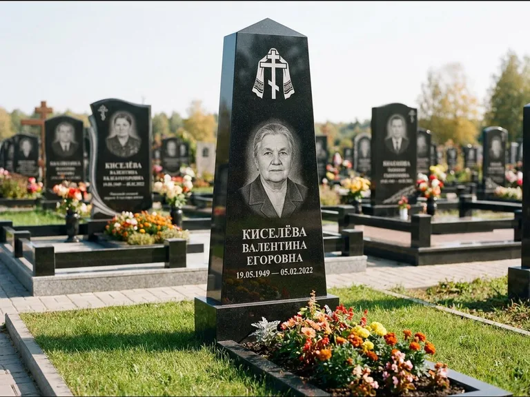 Памятник из чёрного гранита — стела со скошенным верхом с ажурным резным крестом, работа «Селезнёва» в Нижнем Новгороде