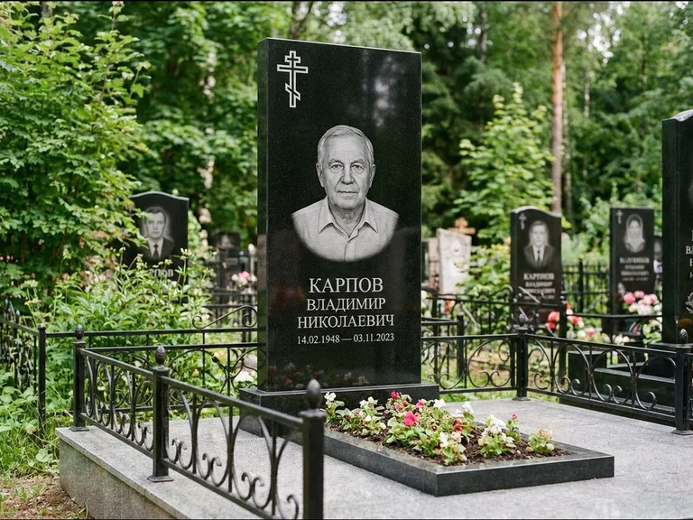 Памятник из чёрного гранита — узкая стела с ажурным крестом с православным восьмиконечным крестом, работа «Гущин» в Нижнем Новгороде