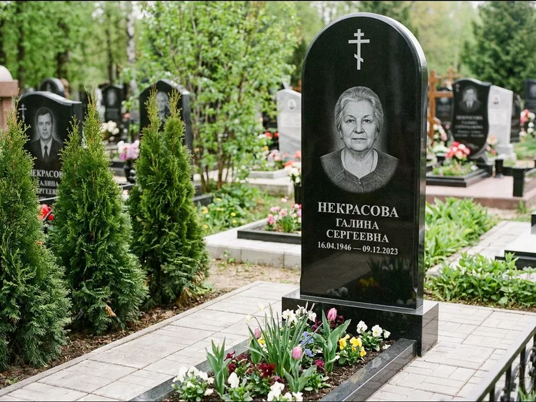 Памятник из чёрного гранита — стела с цветником-плитой с латинским крестом, работа «Лаврентьева» в Нижнем Новгороде