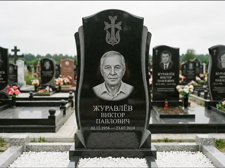 Памятник из чёрного гранита — панорамная стела с армянским хачкаром, работа «Тихонов» в Нижнем Новгороде