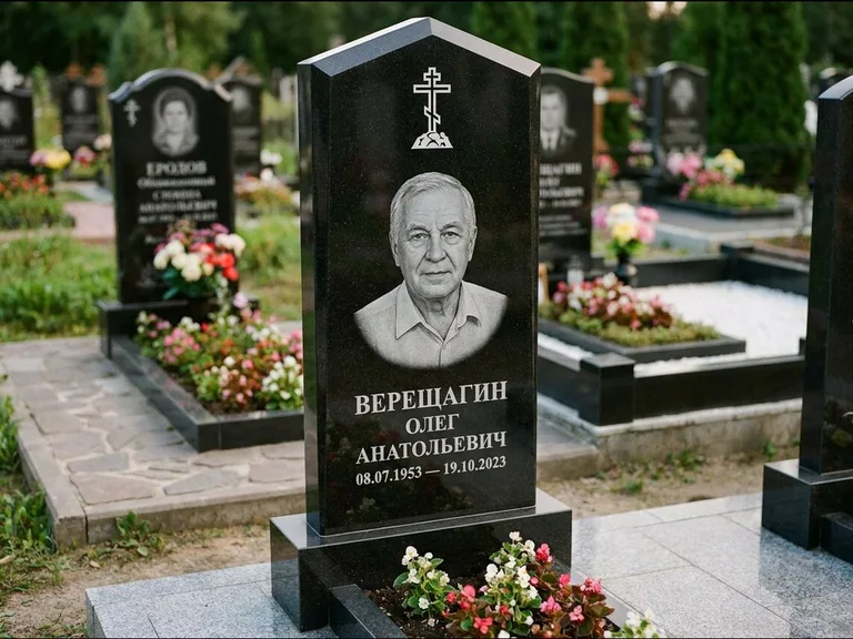 Памятник из чёрного гранита — обелиск-колонна с крестом на Голгофе, работа «Ковалёв» в Нижнем Новгороде