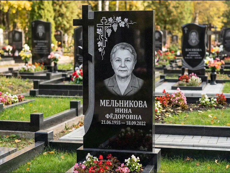Памятник из чёрного гранита — стела с резной рамкой с крестом с распятием, работа «Некрасова» в Нижнем Новгороде