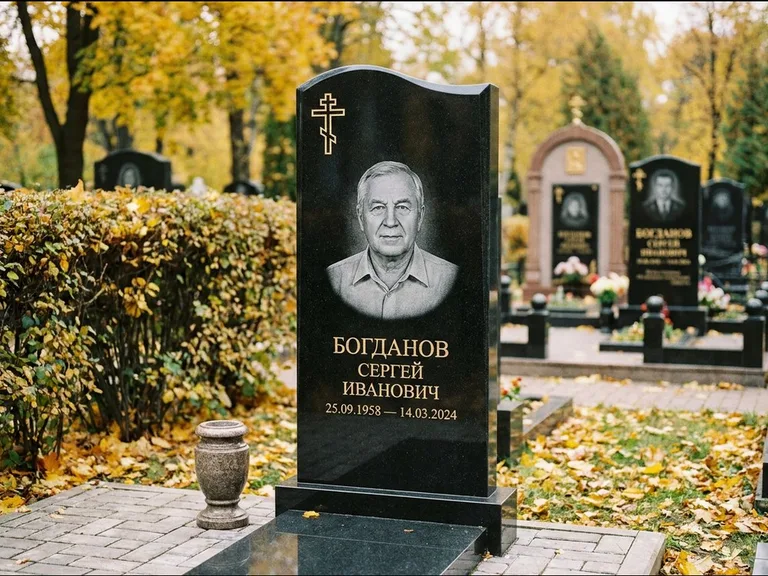 Памятник из чёрного гранита — стела с цветником с процветшим крестом с виноградной лозой, работа «Журавлёв» в Нижнем Новгороде