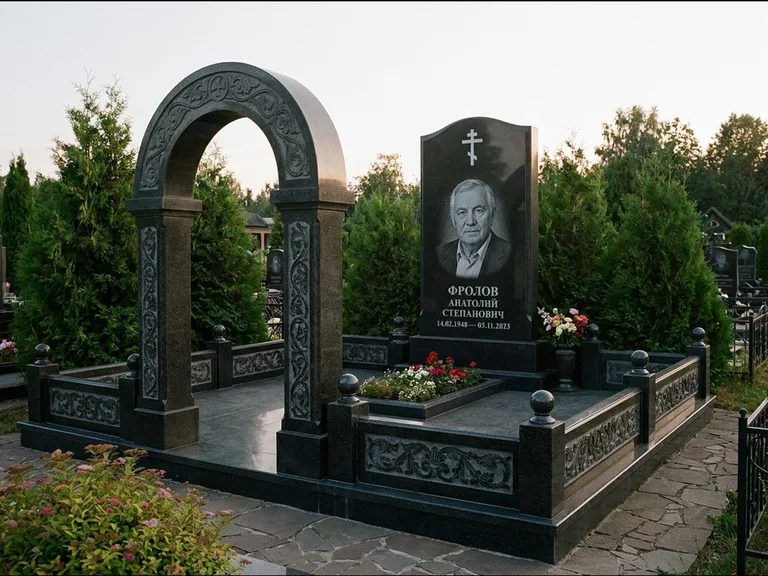 Памятник из чёрного гранита — высокая стела с процветшим крестом с православным восьмиконечным крестом, работа «Панкратов» в Нижнем Новгороде